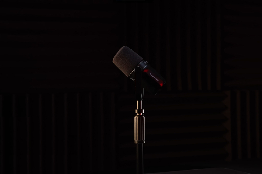 Studyjny mikrofon dynamiczny na statywie, oświetlony punktowym światłem na tle ciemnych paneli akustycznych.